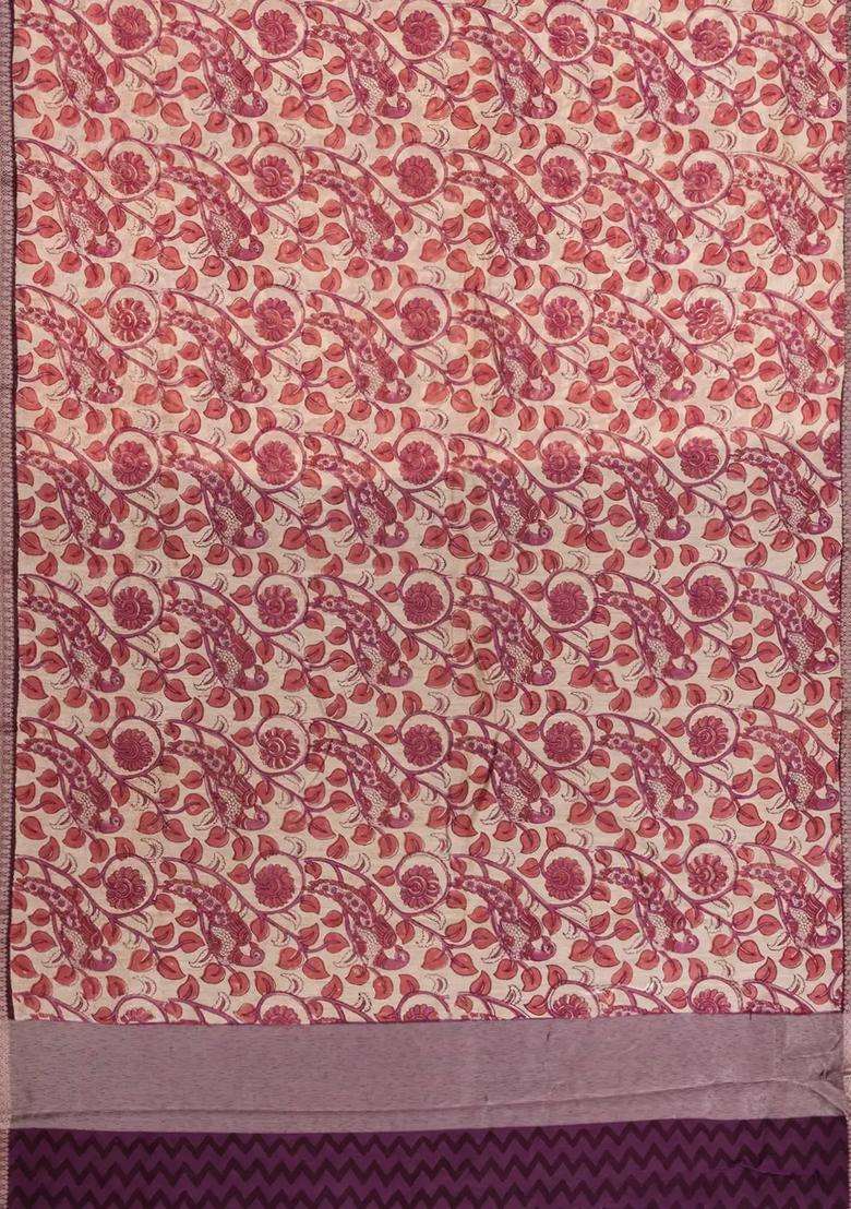 Cream Printed Chanderi Cotton Saree With Zari Border For Women - Indya