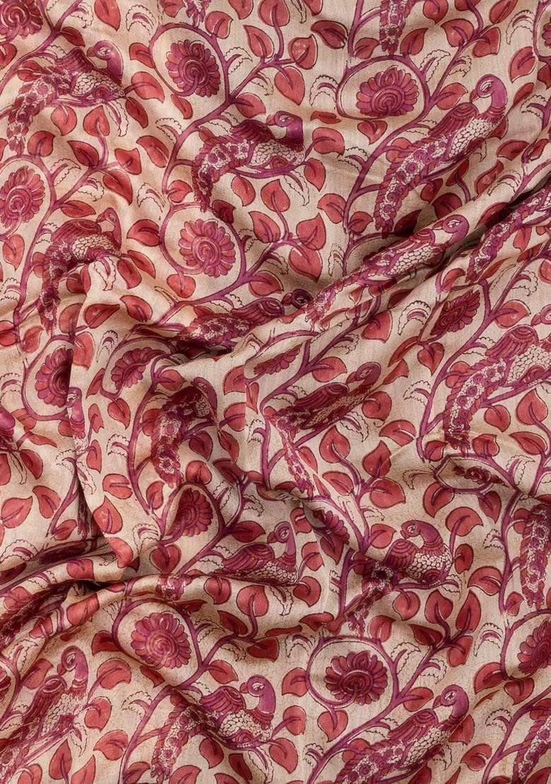 Cream Printed Chanderi Cotton Saree With Zari Border For Women - Indya