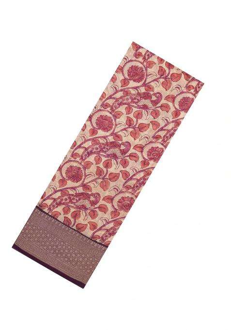 Cream Printed Chanderi Cotton Saree With Zari Border For Women