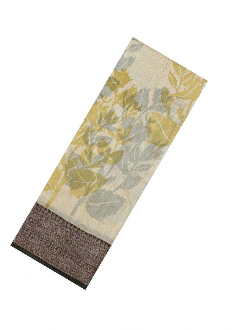Cream Printed Chanderi Cotton Saree With Zari Border For Women - Indya