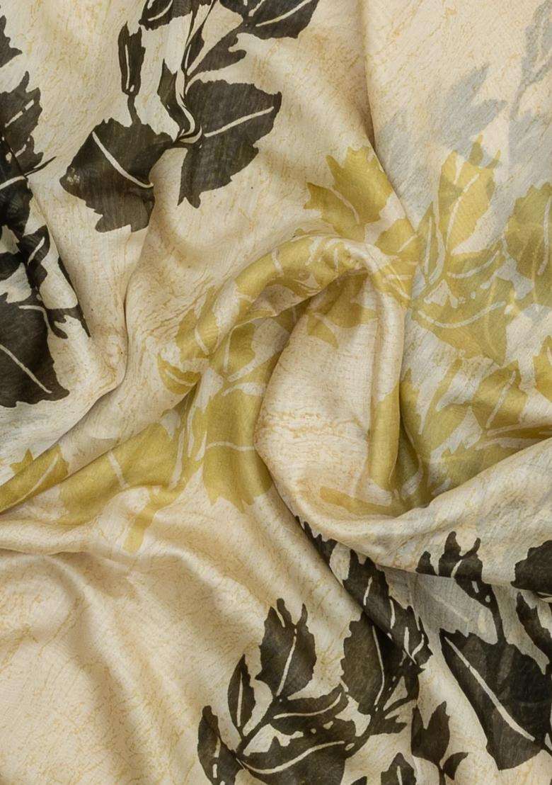 Cream Printed Chanderi Cotton Saree With Zari Border For Women - Indya
