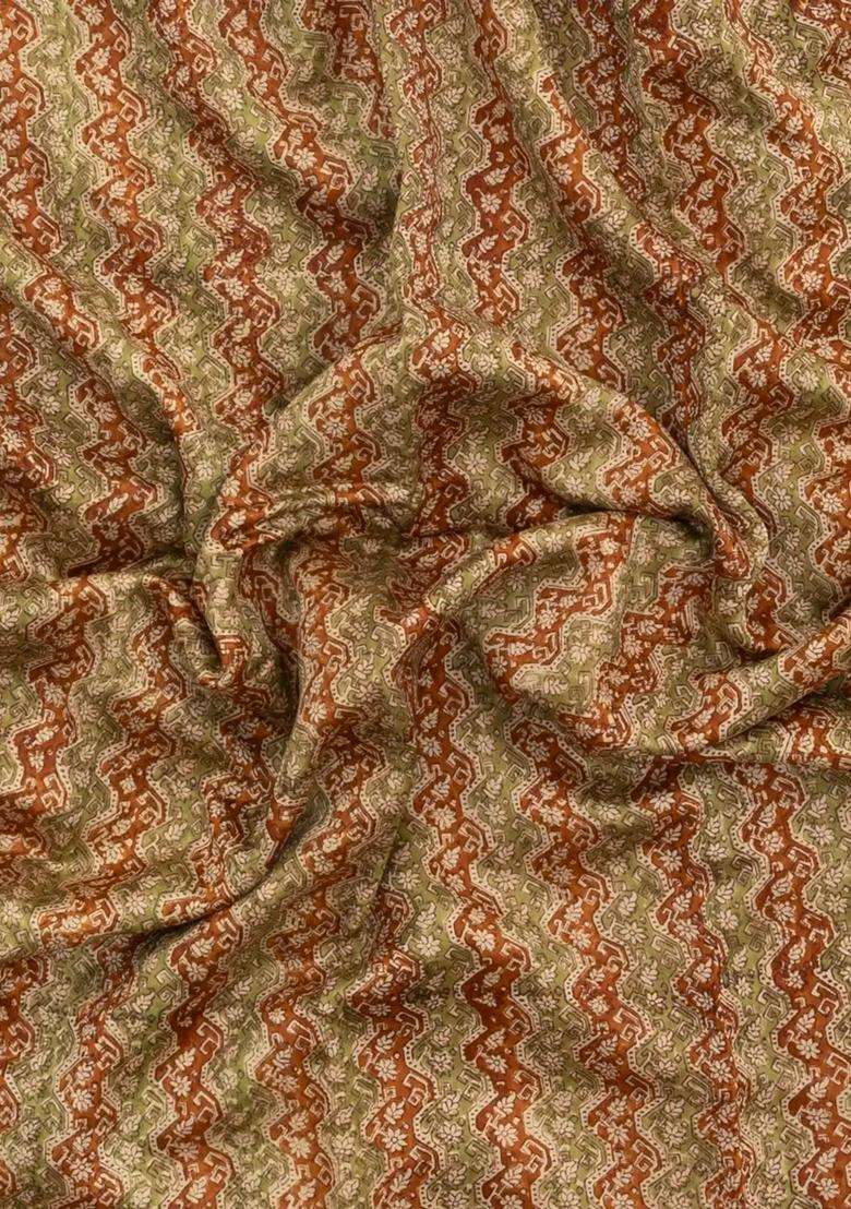 Rust Printed Chanderi Cotton Saree With Zari Border For Women - Indya