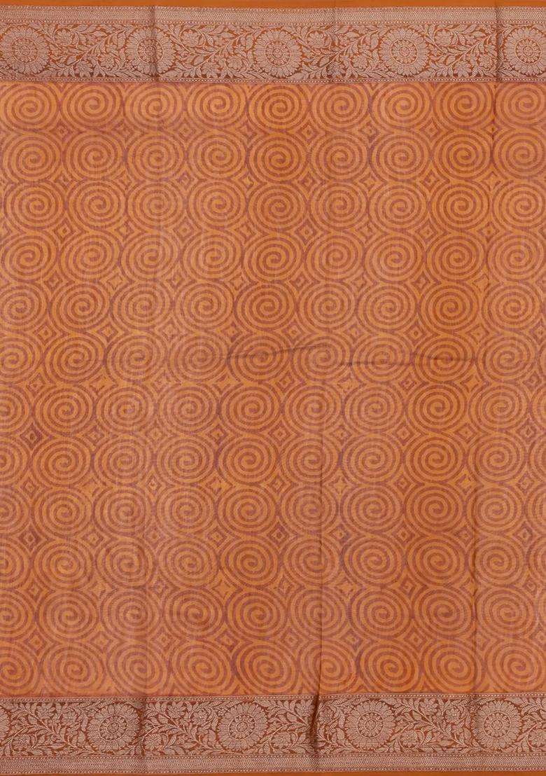 Rust Printed Chanderi Cotton Saree With Zari Border For Women - Indya