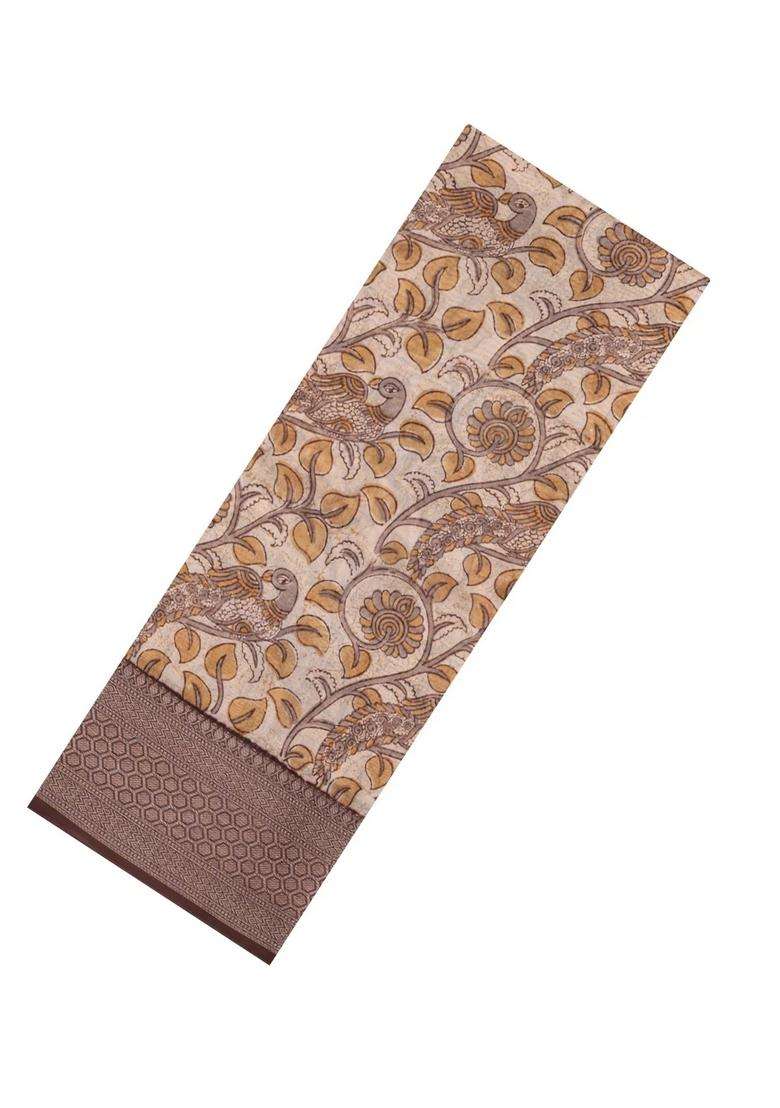 Taupe Printed Chanderi Cotton Saree With Zari Border For Women - Indya