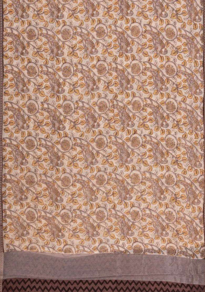 Taupe Printed Chanderi Cotton Saree With Zari Border For Women - Indya