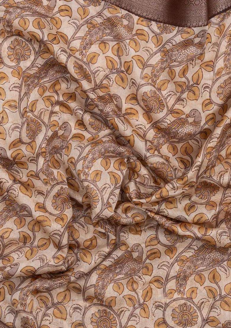 Taupe Printed Chanderi Cotton Saree With Zari Border For Women - Indya