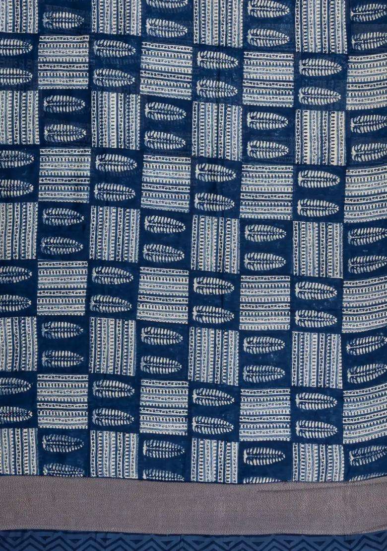 Indigo Printed Chanderi Cotton Saree With Zari Border For Women - Indya
