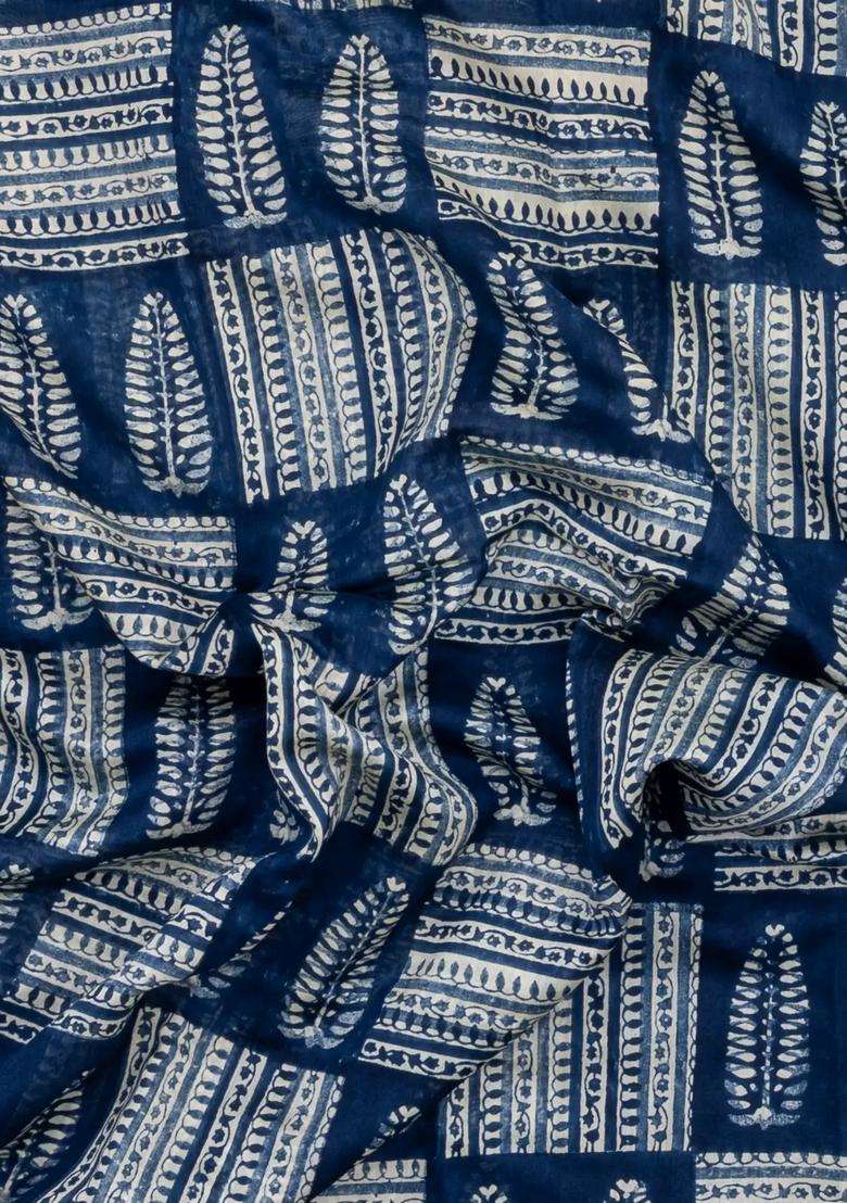 Indigo Printed Chanderi Cotton Saree With Zari Border For Women - Indya