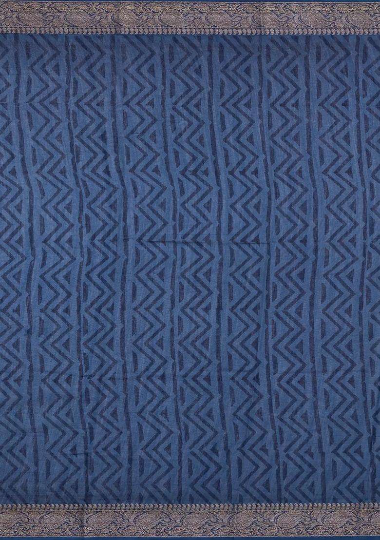 Indigo Printed Chanderi Cotton Saree With Zari Border For Women - Indya