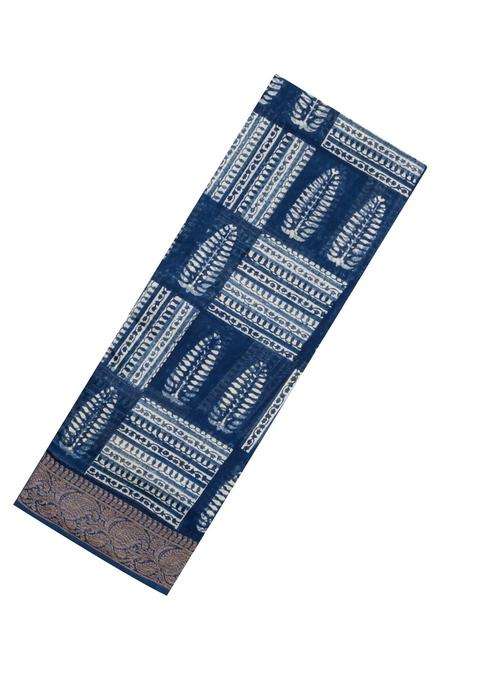 Indigo Printed Chanderi Cotton Saree With Zari Border For Women