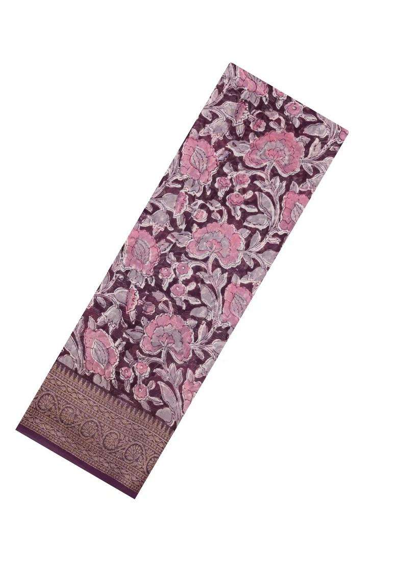 Burgundy Printed Chanderi Cotton Saree With Zari Border For Women - Indya