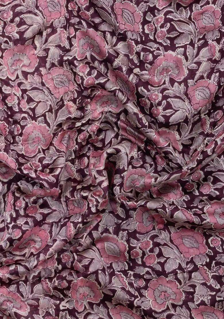 Burgundy Printed Chanderi Cotton Saree With Zari Border For Women - Indya