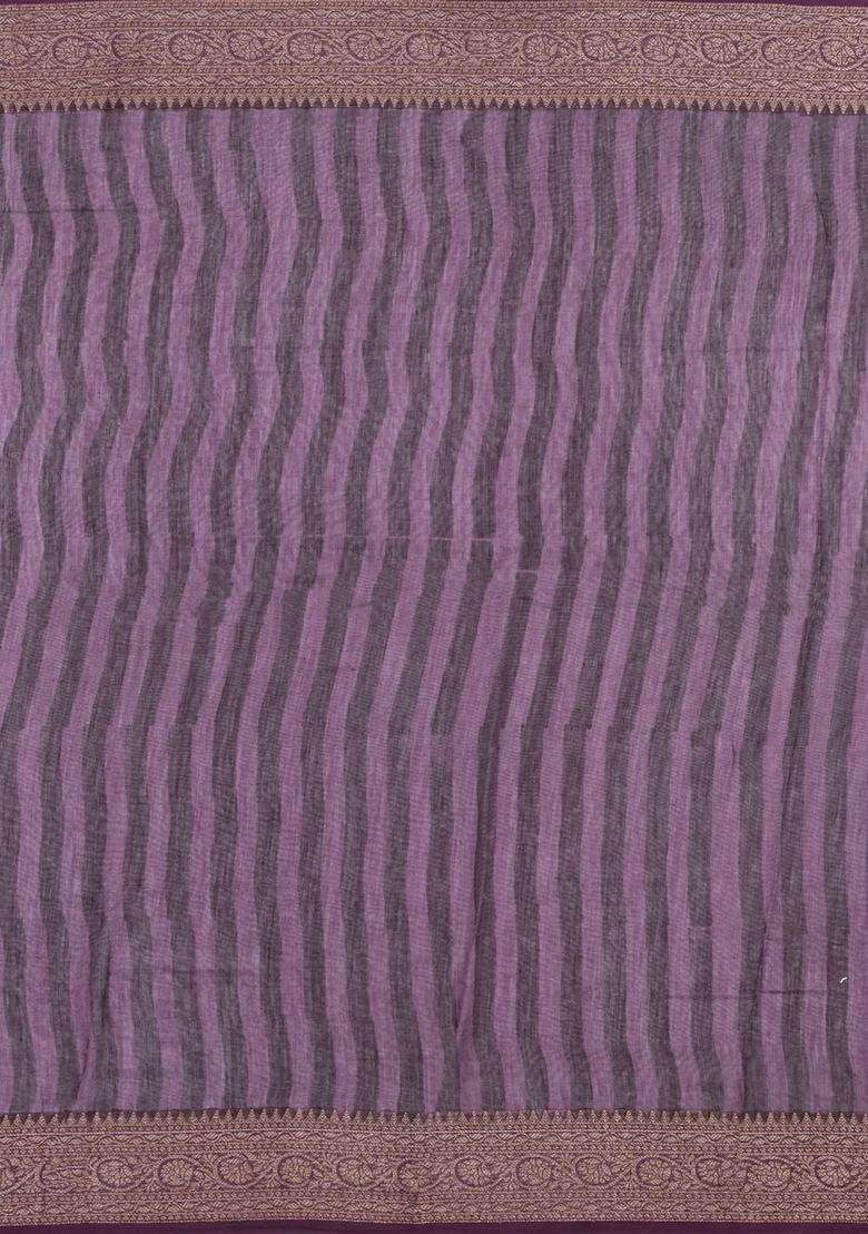 Burgundy Printed Chanderi Cotton Saree With Zari Border For Women - Indya