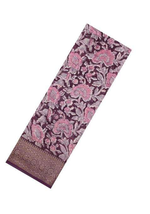 Burgundy Printed Chanderi Cotton Saree With Zari Border For Women