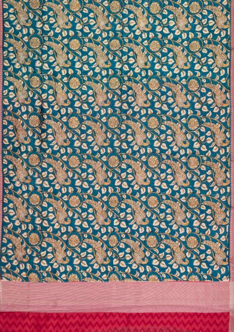 Black Printed Chanderi Cotton Saree With Zari Border For Women - Indya