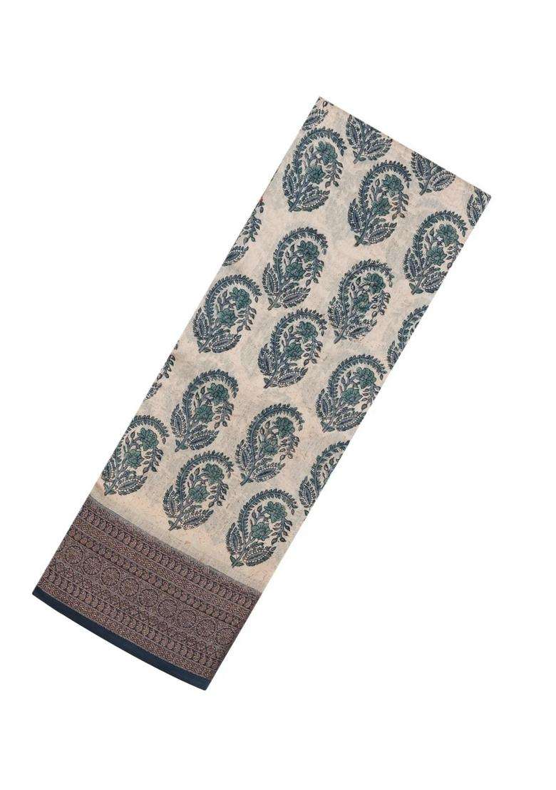 Cream Printed Chanderi Cotton Saree With Zari Border For Women - Indya