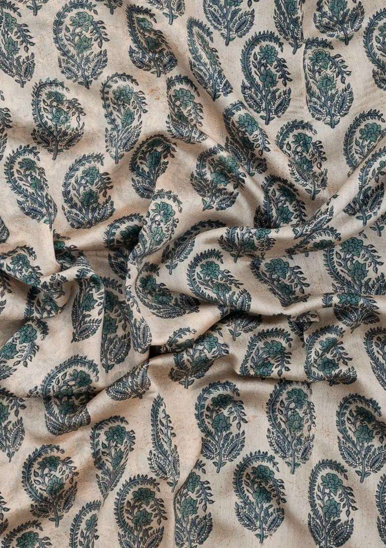 Cream Printed Chanderi Cotton Saree With Zari Border For Women - Indya