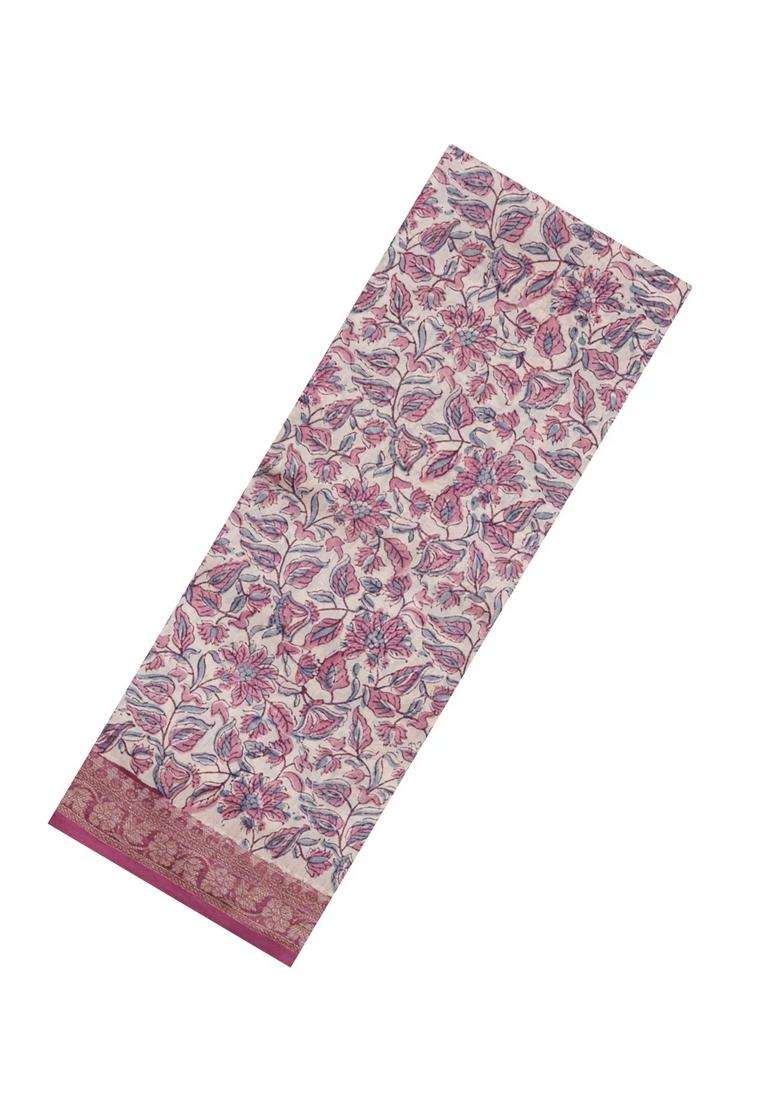 Dusty Pink Printed Chanderi Cotton Saree With Zari Border For Women - Indya