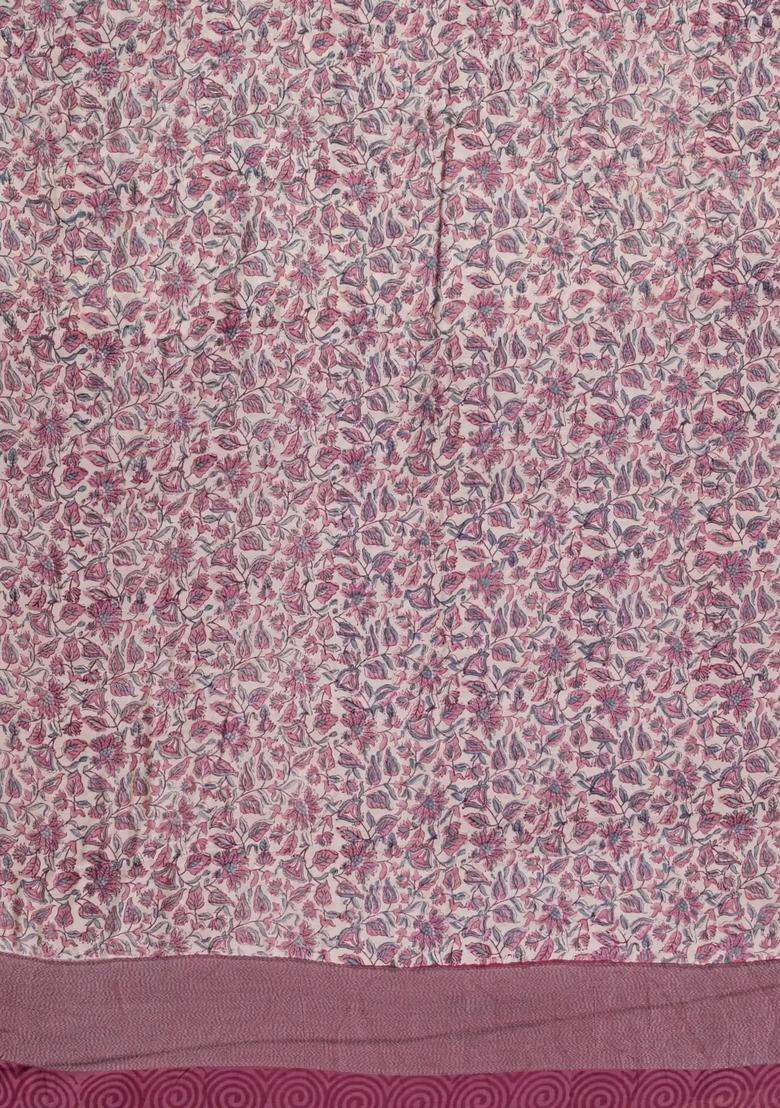 Dusty Pink Printed Chanderi Cotton Saree With Zari Border For Women - Indya