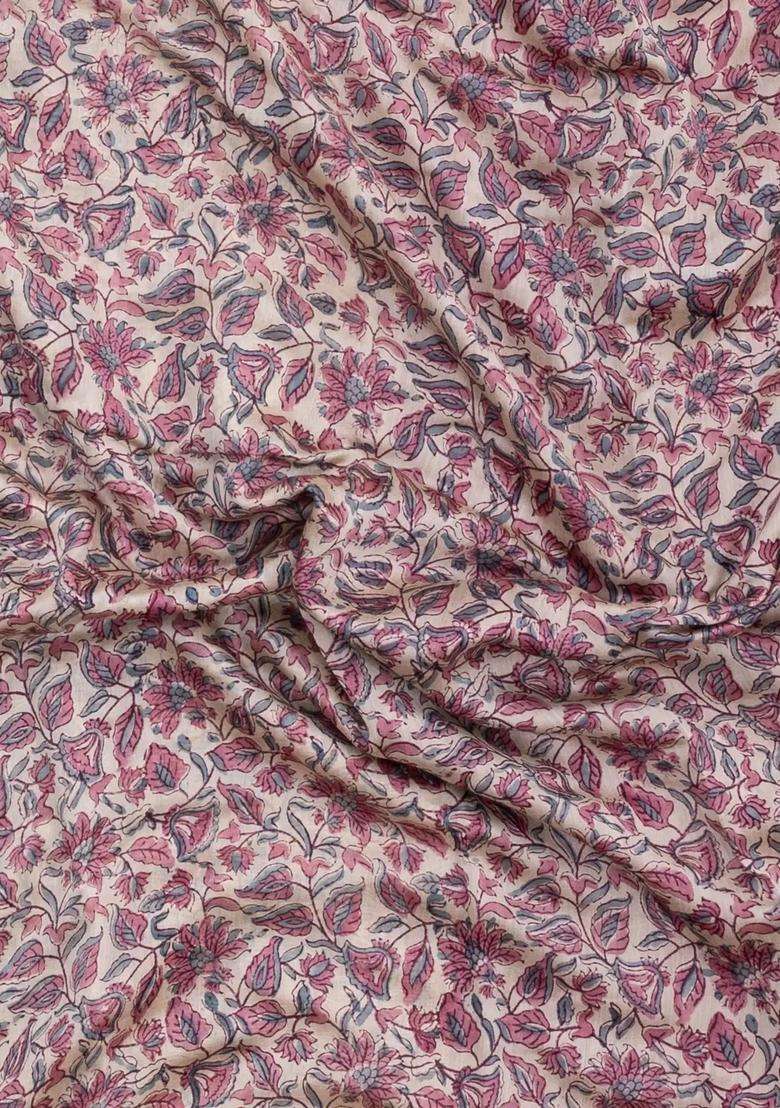 Dusty Pink Printed Chanderi Cotton Saree With Zari Border For Women - Indya