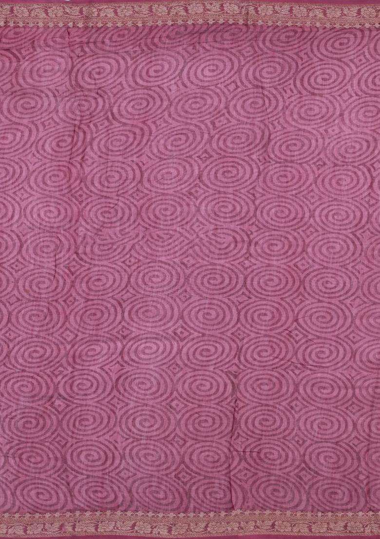 Dusty Pink Printed Chanderi Cotton Saree With Zari Border For Women - Indya
