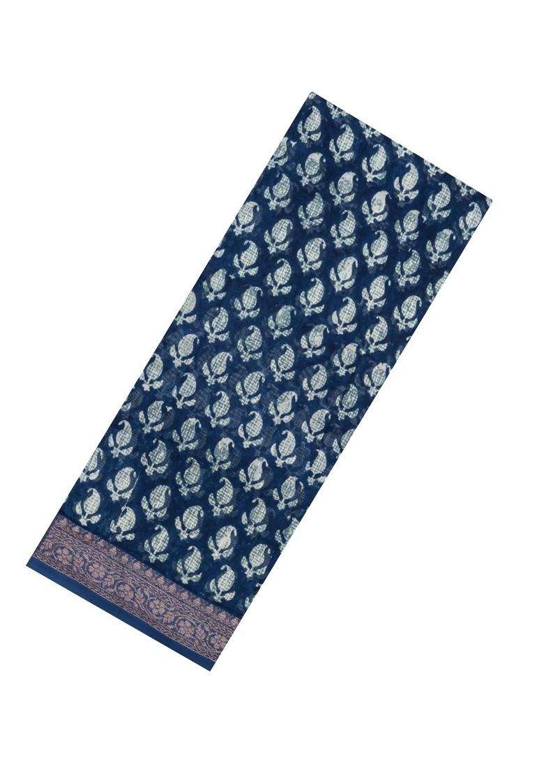 Indigo Printed Chanderi Cotton Saree With Zari Border For Women - Indya