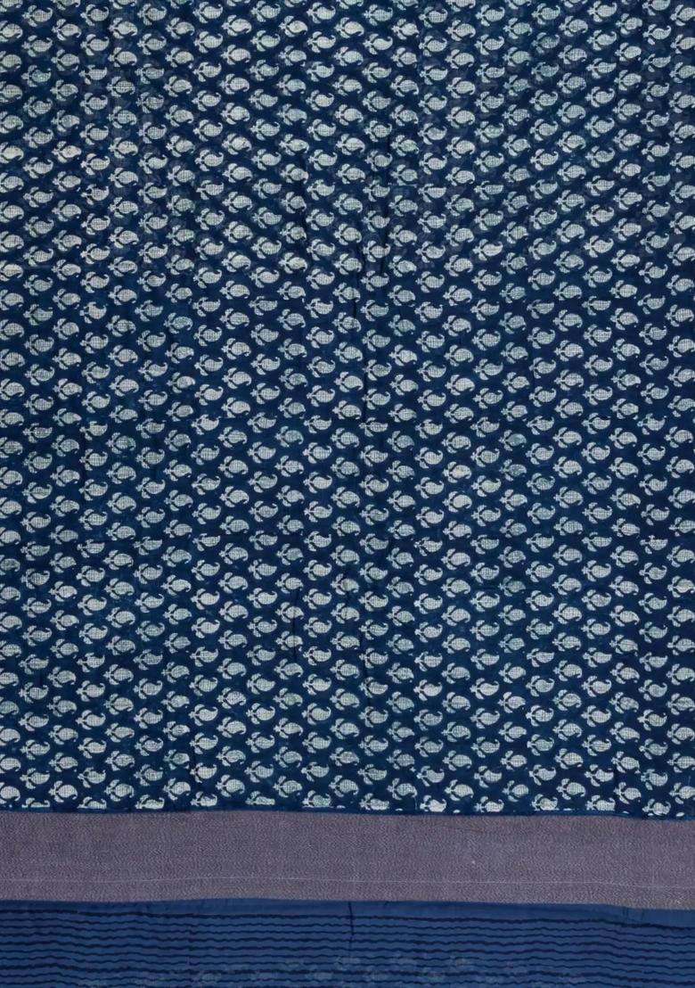 Indigo Printed Chanderi Cotton Saree With Zari Border For Women - Indya