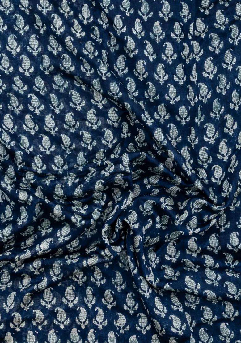 Indigo Printed Chanderi Cotton Saree With Zari Border For Women - Indya