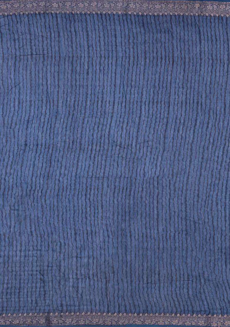 Indigo Printed Chanderi Cotton Saree With Zari Border For Women - Indya
