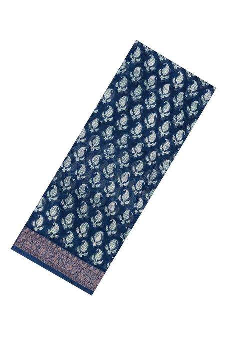 Indigo Printed Chanderi Cotton Saree With Zari Border For Women