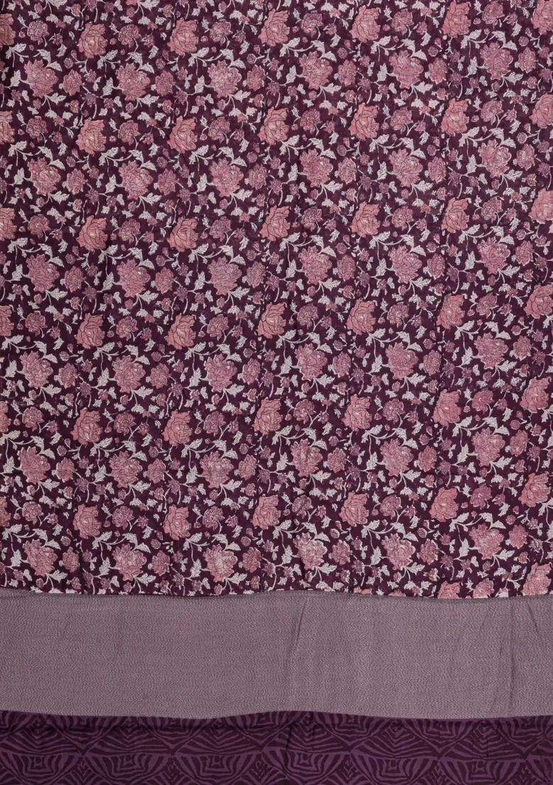 Lilac Printed Chanderi Cotton Saree With Zari Border For Women - Indya