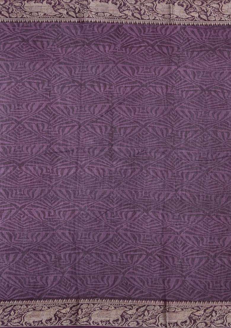 Lilac Printed Chanderi Cotton Saree With Zari Border For Women - Indya