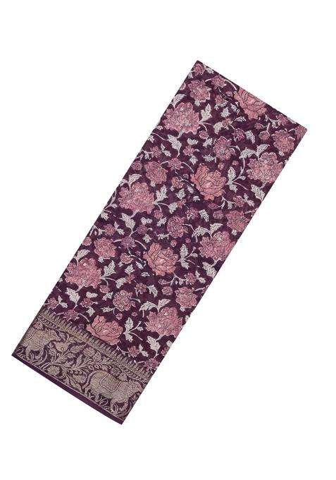 Lilac Printed Chanderi Cotton Saree With Zari Border For Women