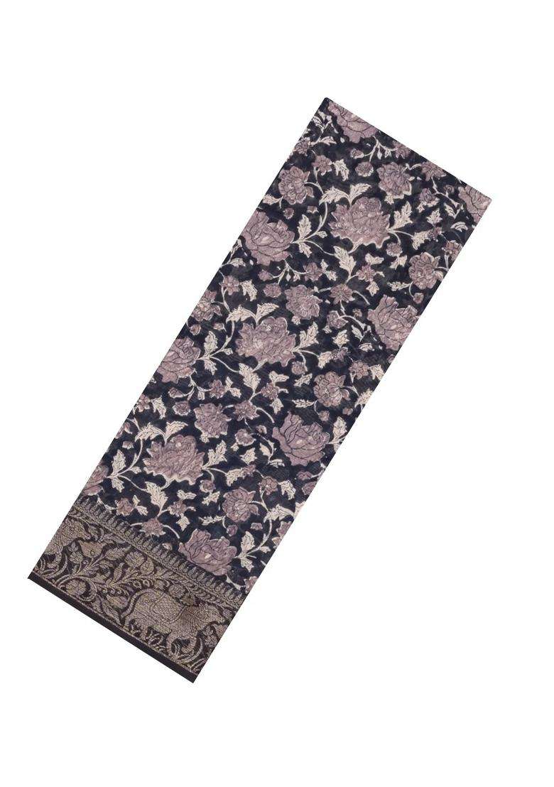 Black Printed Chanderi Cotton Saree With Zari Border For Women - Indya