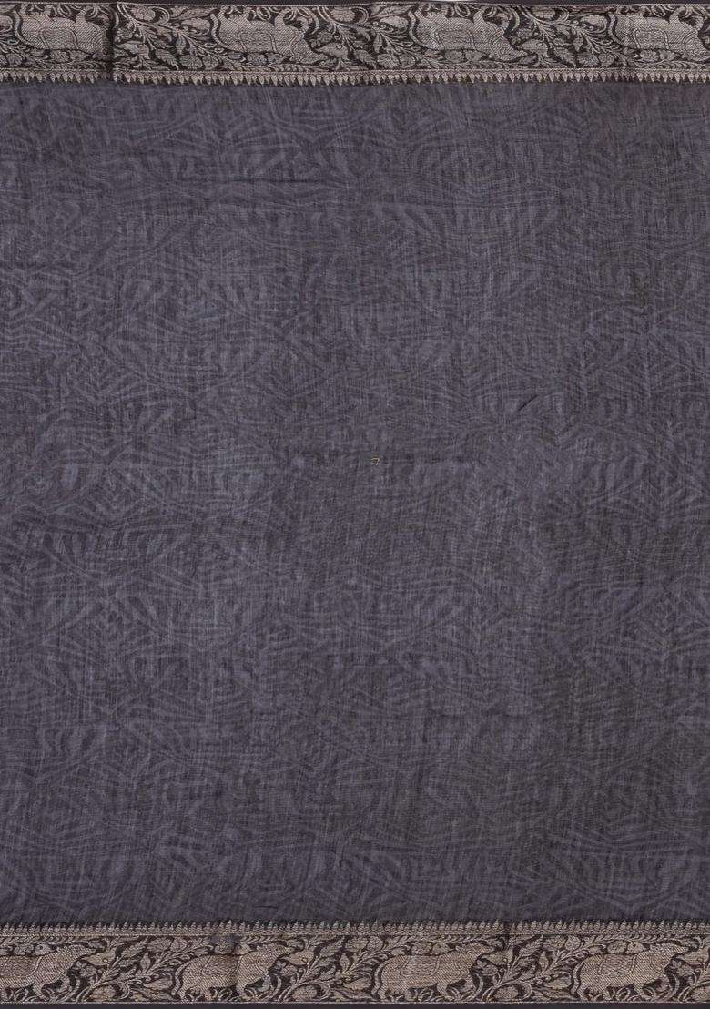 Black Printed Chanderi Cotton Saree With Zari Border For Women - Indya