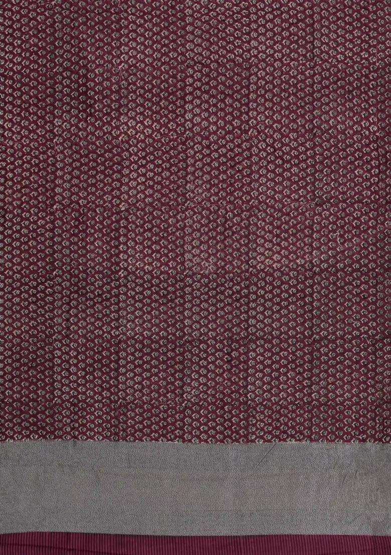 Maroon Printed Chanderi Cotton Saree With Zari Border For Women - Indya
