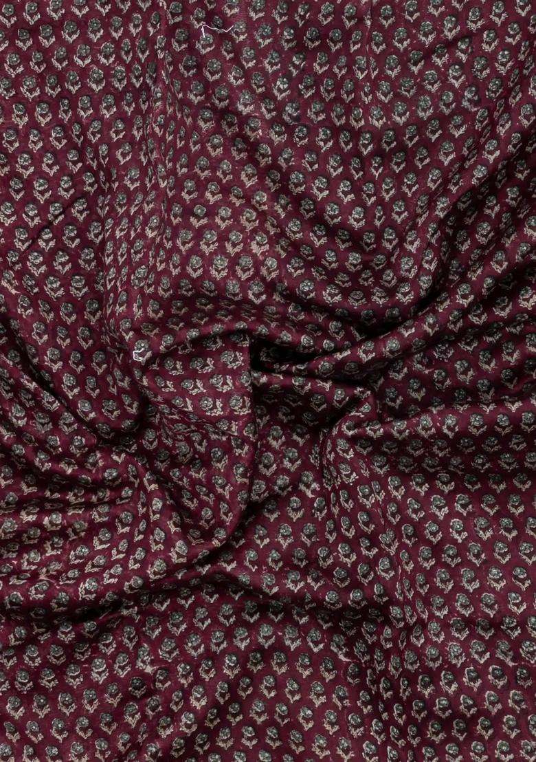 Maroon Printed Chanderi Cotton Saree With Zari Border For Women - Indya