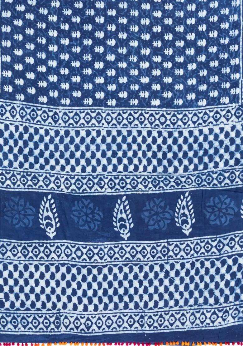 Indigo Printed Jaipur Cotton Saree With Tie Dye Motifs For Women - Indya