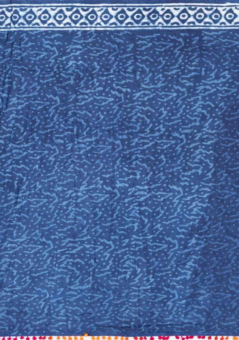 Indigo Printed Jaipur Cotton Saree With Tie Dye Motifs For Women - Indya