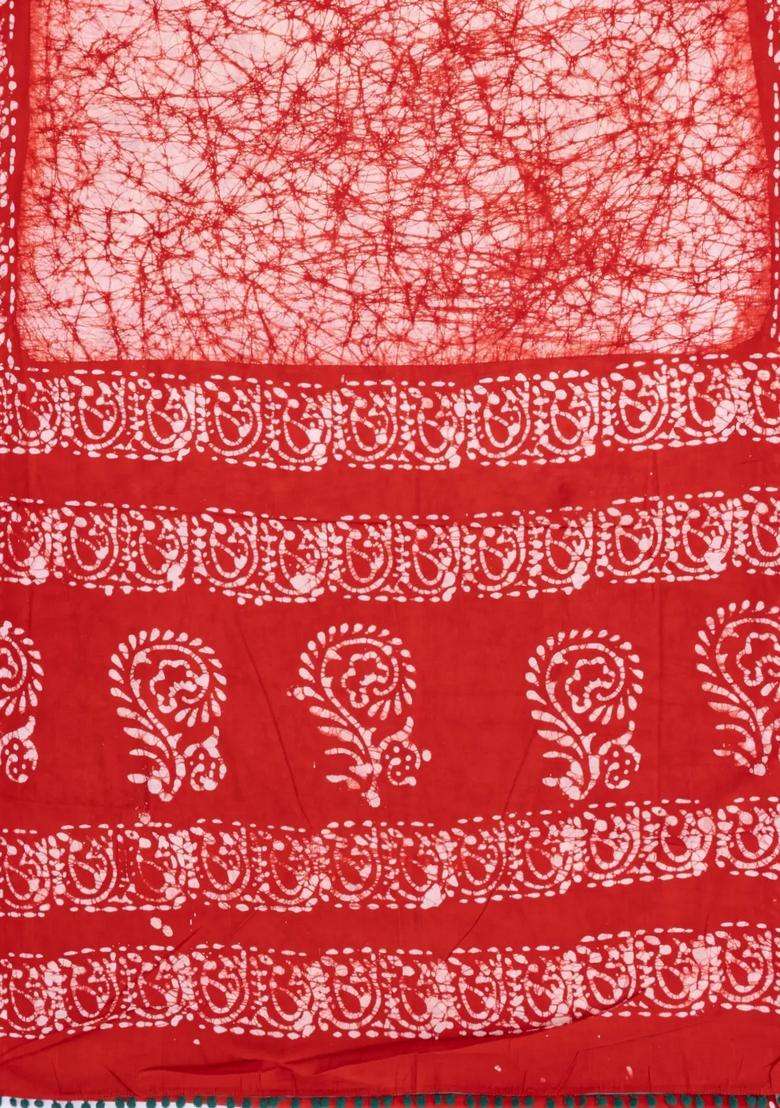 Red Printed Jaipur Cotton Saree With Tie Dye Motifs For Women - Indya