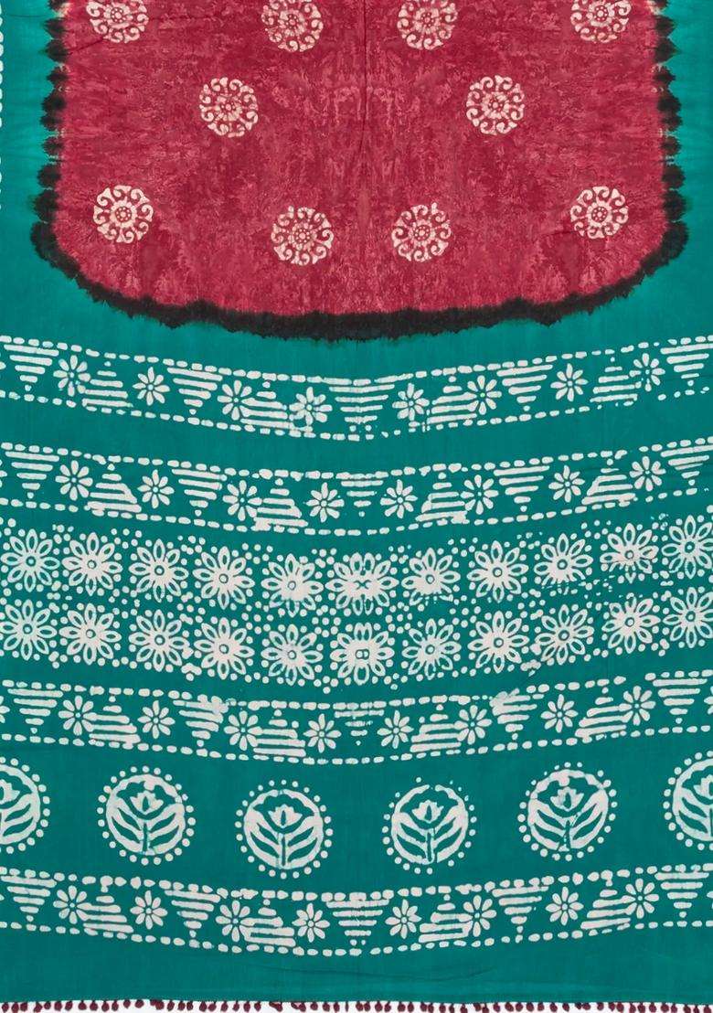 Crimson Printed Jaipur Cotton Saree With Tie Dye Motifs For Women - Indya