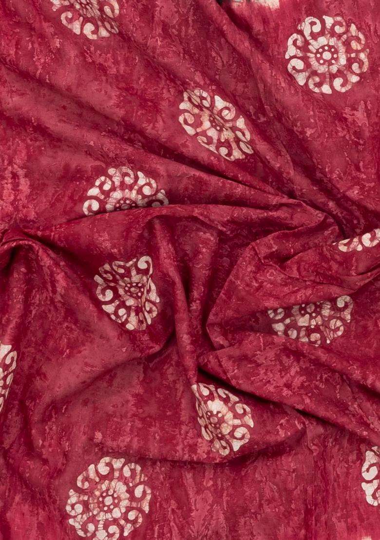 Crimson Printed Jaipur Cotton Saree With Tie Dye Motifs For Women - Indya