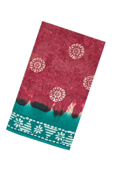 Crimson Printed Jaipur Cotton Saree With Tie Dye Motifs For Women