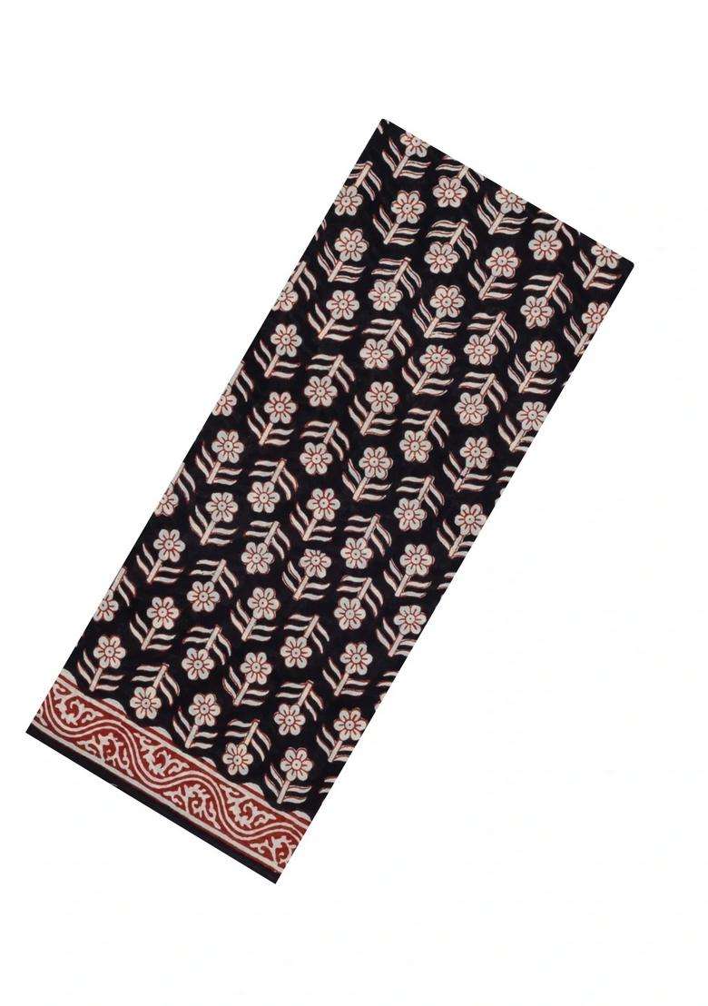 Black Printed Jaipur Cotton Saree With Floral Motifs For Women - Indya