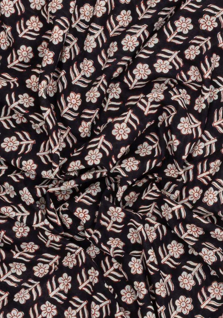 Black Printed Jaipur Cotton Saree With Floral Motifs For Women - Indya