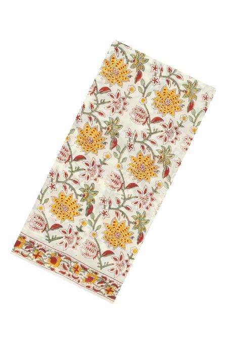 Off White Printed Jaipur Cotton Saree With Floral Motifs For Women