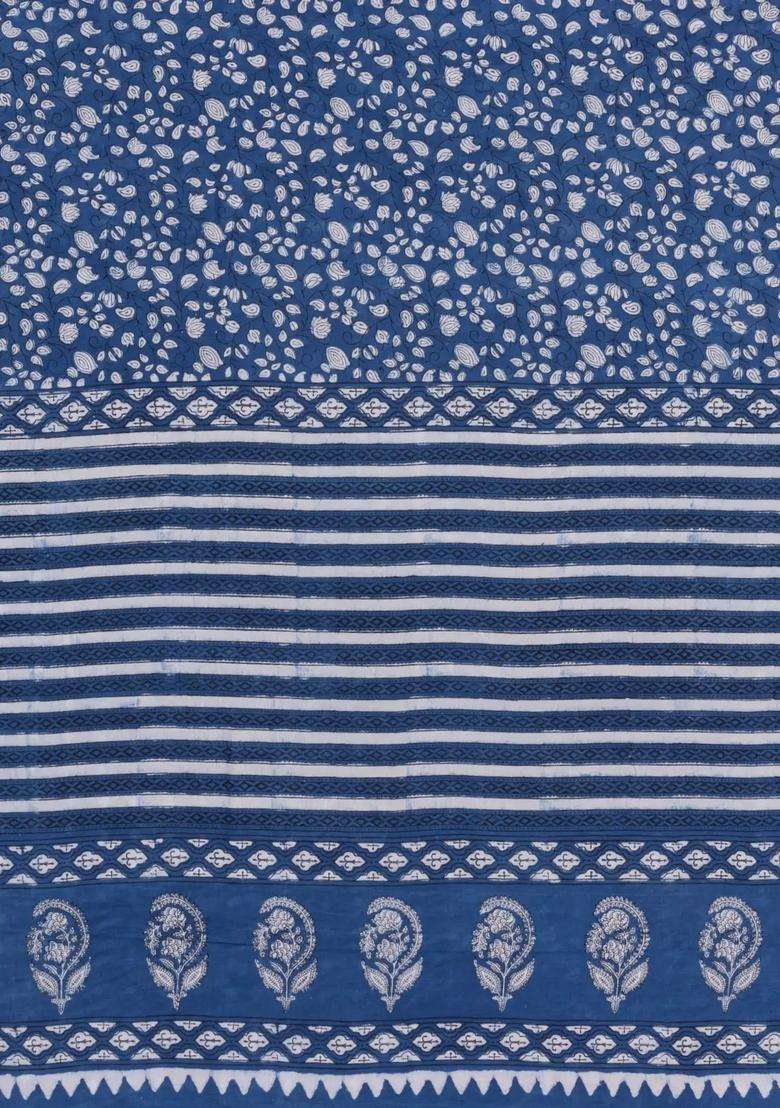 Blue Printed Jaipur Cotton Saree With Floral Motifs For Women - Indya