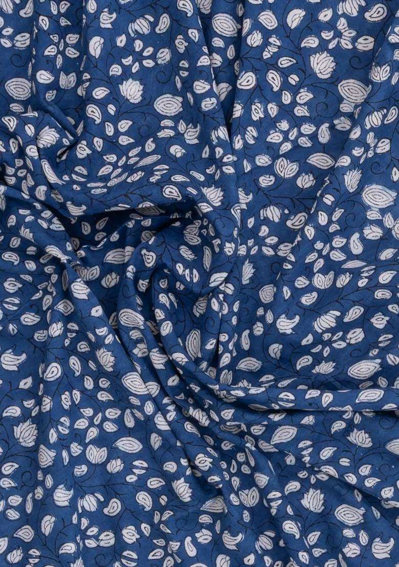 Blue Printed Jaipur Cotton Saree With Floral Motifs For Women - Indya