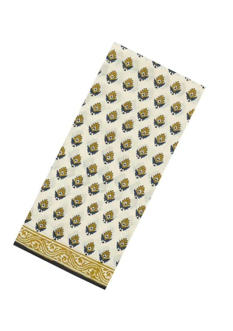 Cream Printed Jaipur Cotton Saree With Floral Motifs For Women - Indya