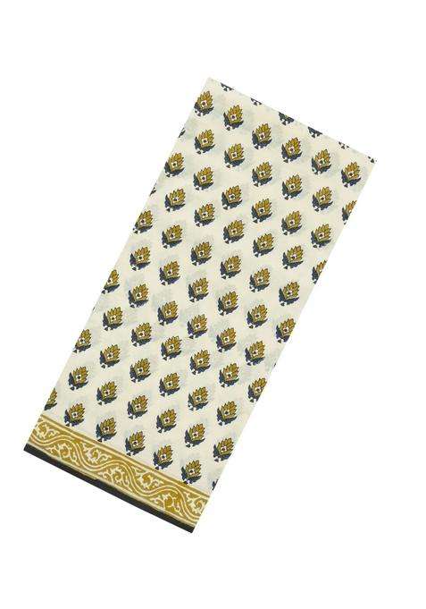 Cream Printed Jaipur Cotton Saree With Floral Motifs For Women
